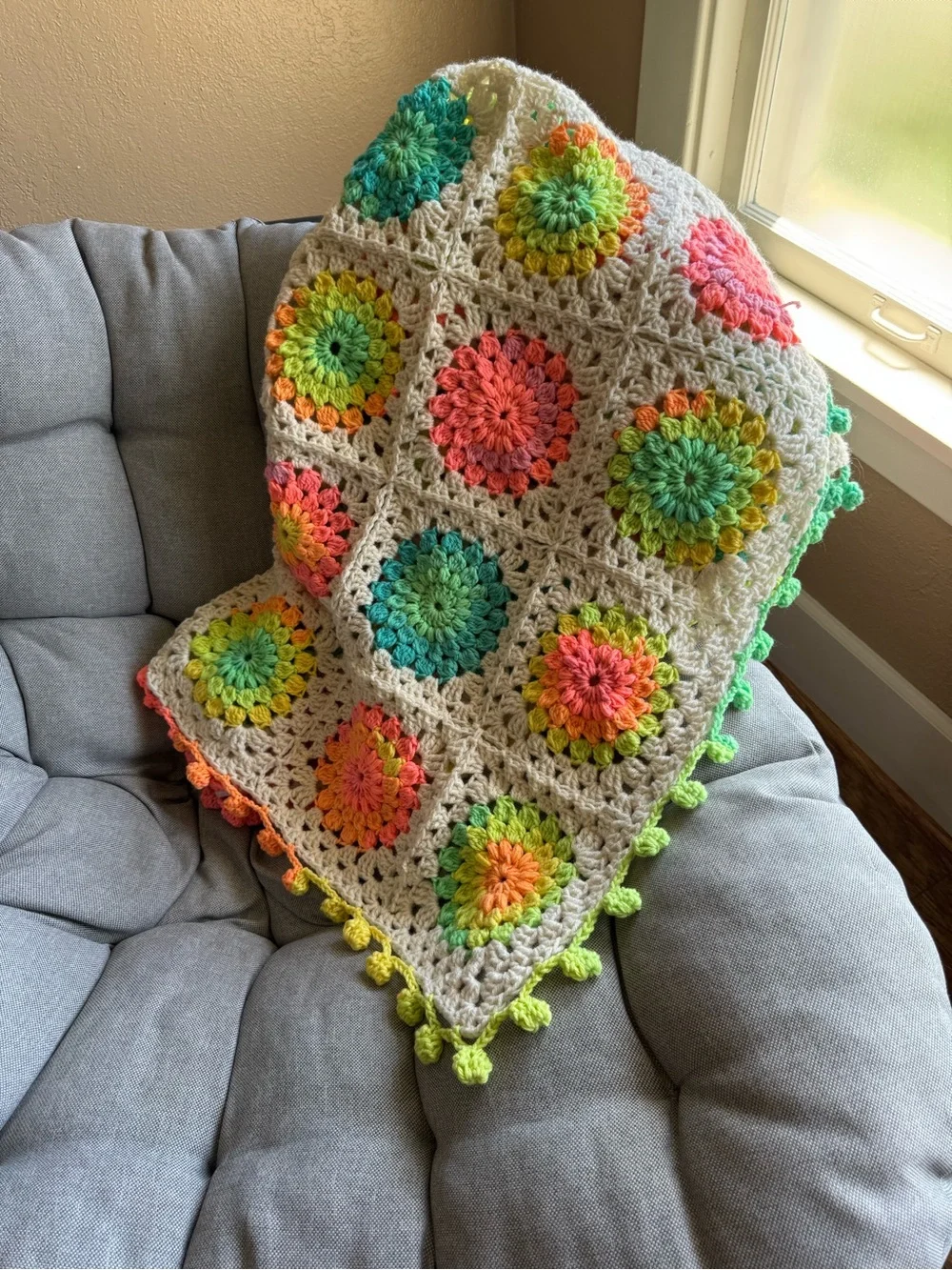 Handmade Crochet sunburst Granny Square Throw - Bright Rainbow Floral!
